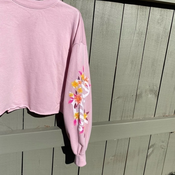 Pink Crop Sweatshirt In Pink With Flowers On The Sleeve - Picture 4 of 7